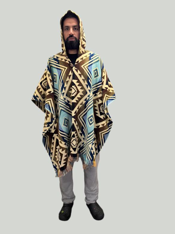 Poncho Unisex One-Size Brown & Light Blue-Pacha Ancestral Design